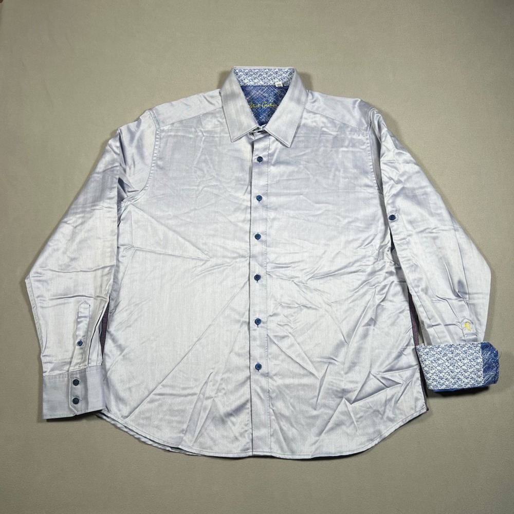 Robert Graham Shirt XL Blue Herringbone Paisley Cuffs Classic Fit Button Up